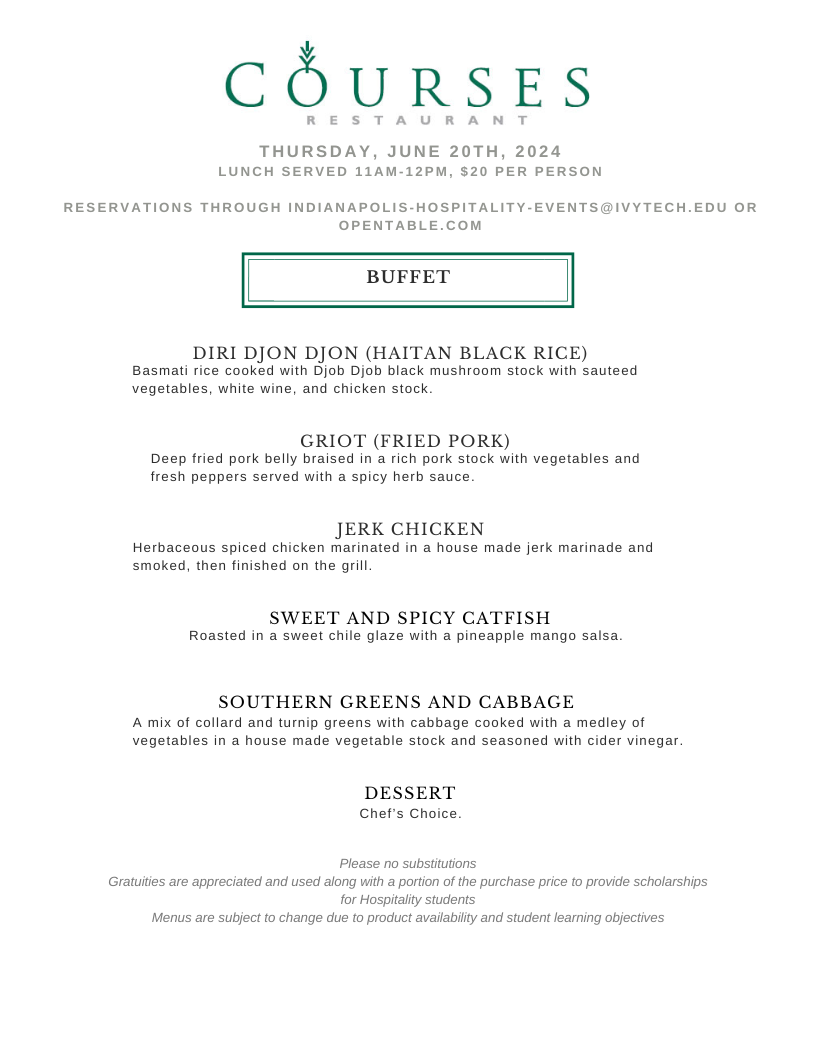 Ivy Tech Indianapolis Alumni Chef Summer Lunch Series - June 20 menu