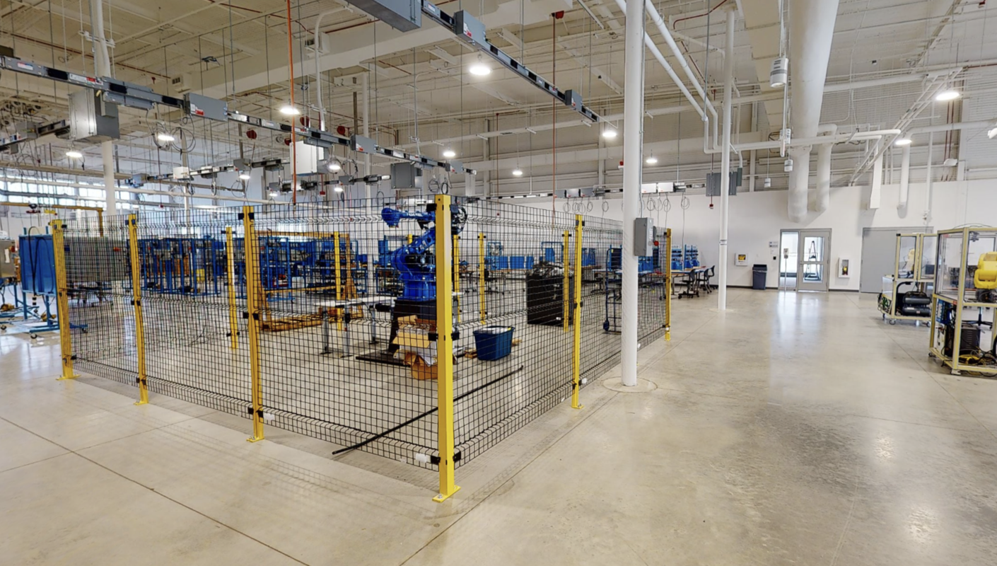 Interior photo of robotics and electrical labs.